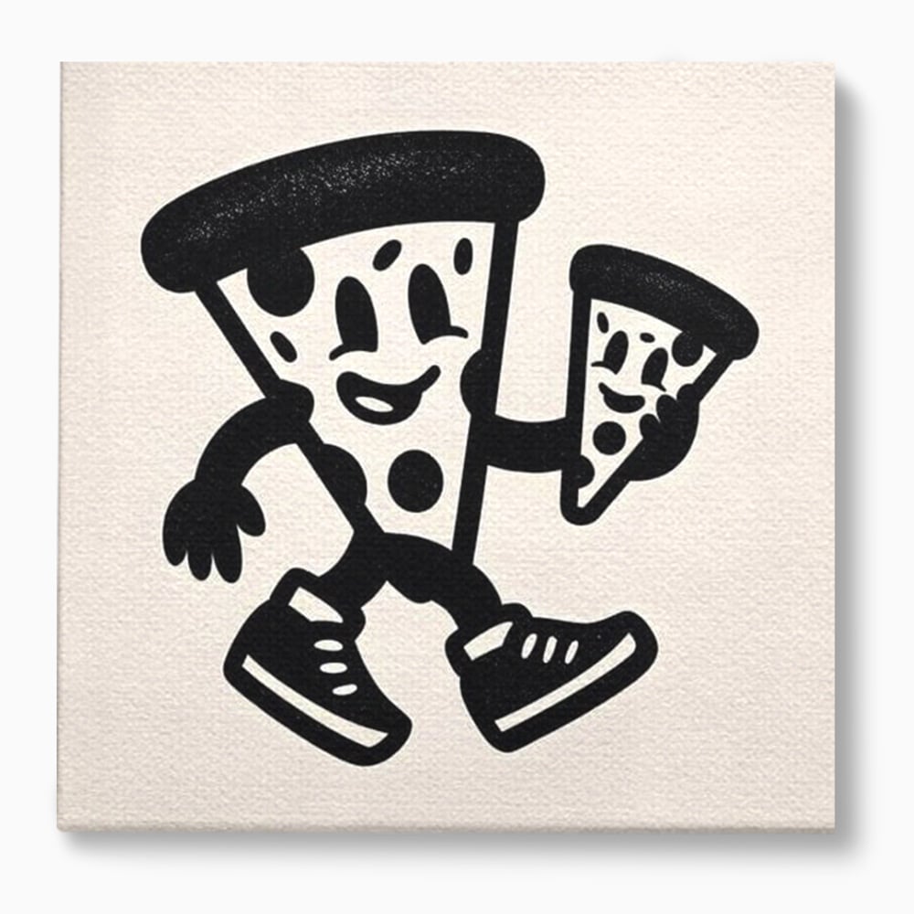 Tablou canvas cu ilustratie retro cu mascota pizza, fara rama, pe sasiu de lemn